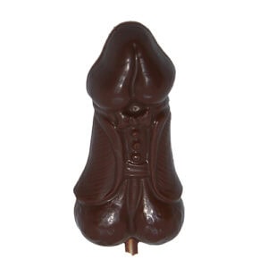 Schokoladen-Penis-Lolly mit detailliertem Frack-Design.